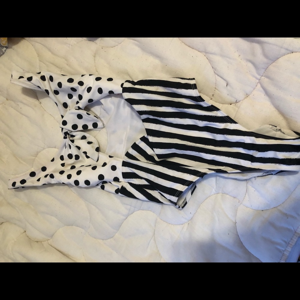 Black and white polka dot and stripes bathing suit